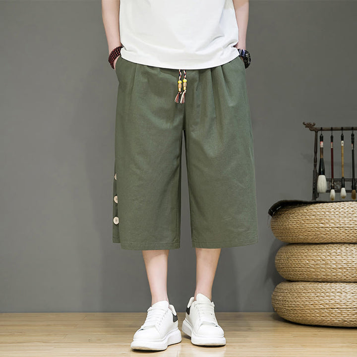 Spodnie męskie z bawełny z kieszeniami i ściągaczem Buddha Stones Casual Plain Side Button Design Drawstring