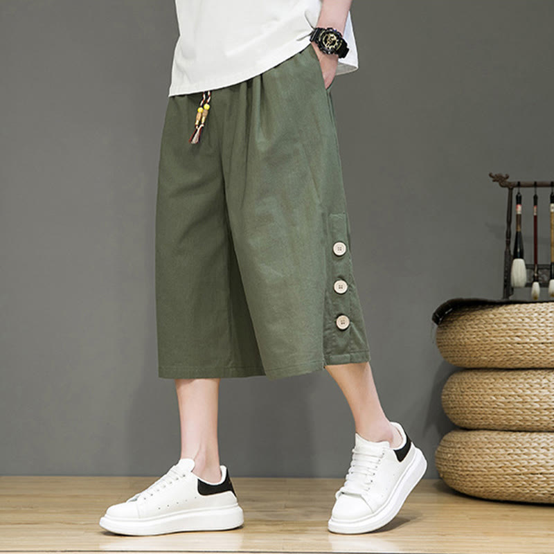 Spodnie męskie z bawełny z kieszeniami i ściągaczem Buddha Stones Casual Plain Side Button Design Drawstring