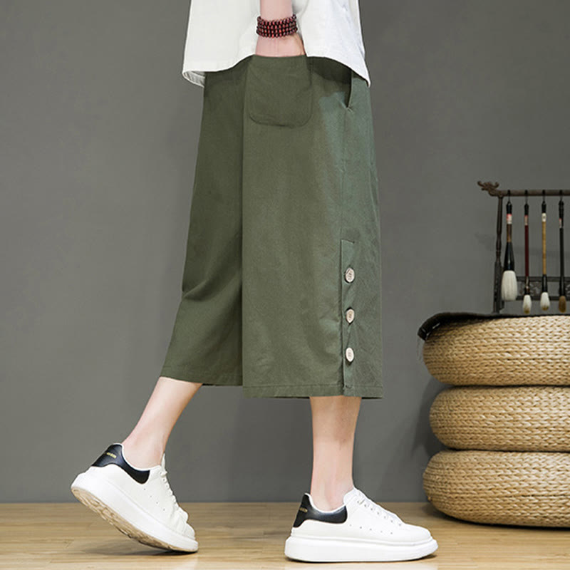 Spodnie męskie z bawełny z kieszeniami i ściągaczem Buddha Stones Casual Plain Side Button Design Drawstring