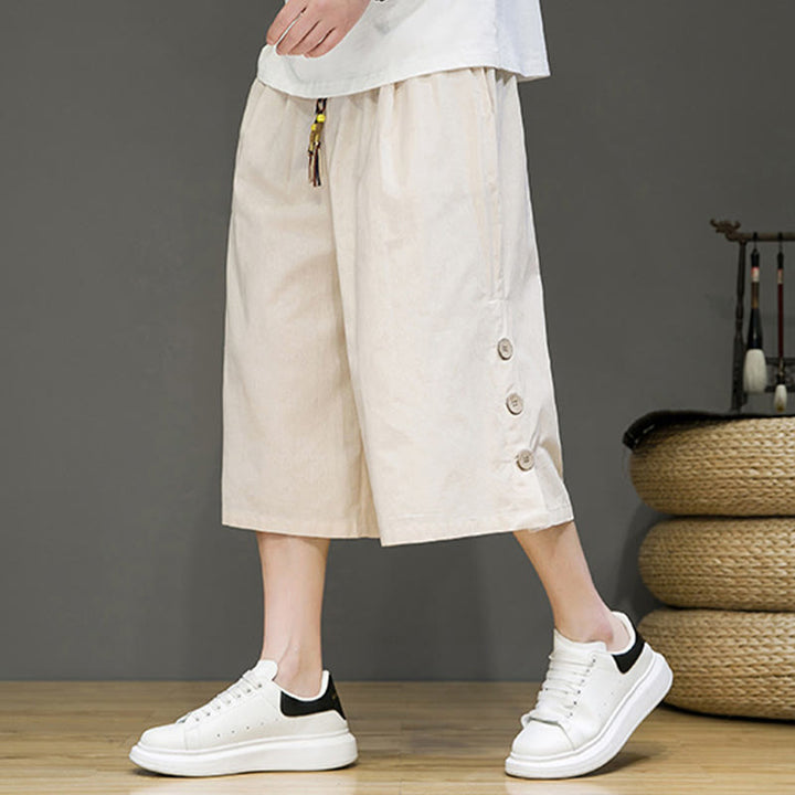 Spodnie męskie z bawełny z kieszeniami i ściągaczem Buddha Stones Casual Plain Side Button Design Drawstring