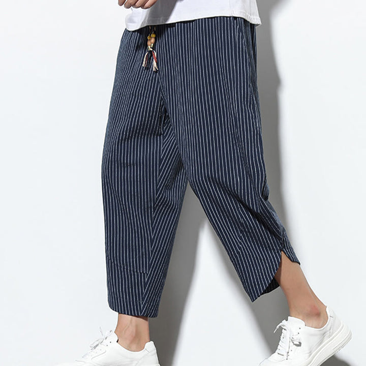 Buddha Stones Letnie Paski Wzór Ściągacz Bawełna Len Męskie Spodnie Harem Długość 7-8 Z Kieszeniami - image 33