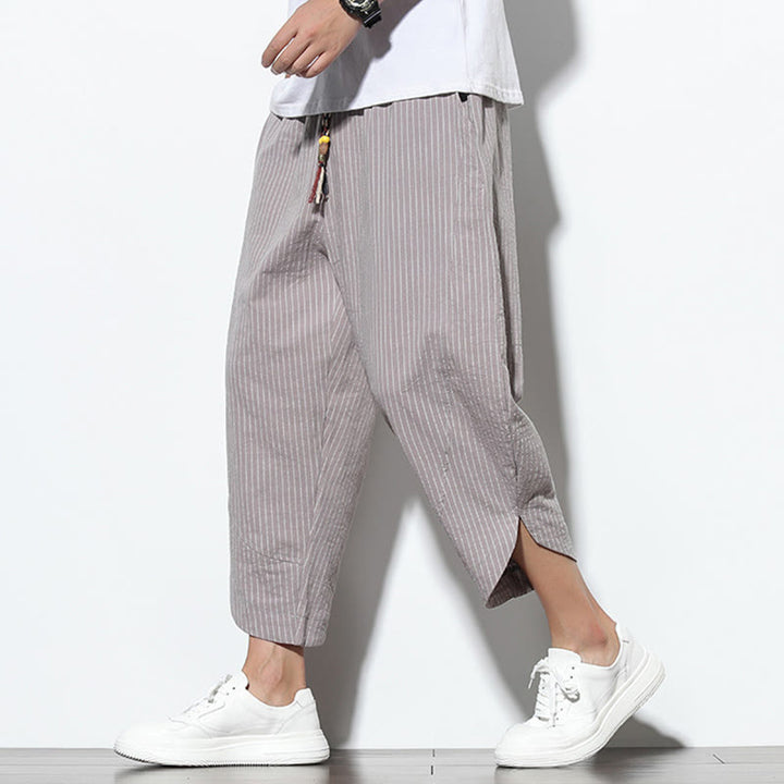 Buddha Stones Letnie Paski Wzór Ściągacz Bawełna Len Męskie Spodnie Harem Długość 7-8 Z Kieszeniami - Ciemnoszary - US/UK/AU46, EU56 (5XL) - image 22