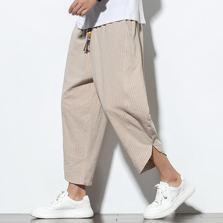 Buddha Stones Letnie Paski Wzór Ściągacz Bawełna Len Męskie Spodnie Harem Długość 7-8 Z Kieszeniami - image 3