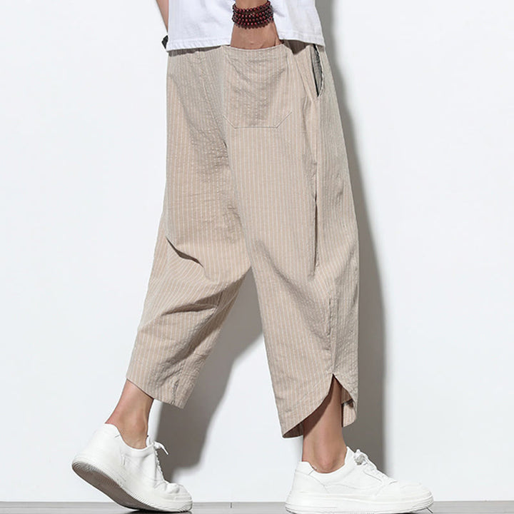 Buddha Stones Letnie Paski Wzór Ściągacz Bawełna Len Męskie Spodnie Harem Długość 7-8 Z Kieszeniami - image 4