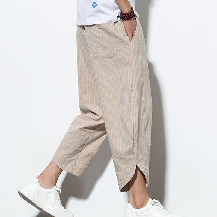 Buddha Stones Letnie Paski Wzór Ściągacz Bawełna Len Męskie Spodnie Harem Długość 7-8 Z Kieszeniami - image 2