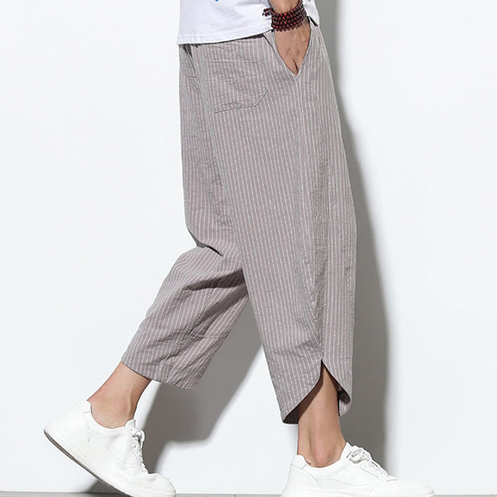 Buddha Stones Letnie Paski Wzór Ściągacz Bawełna Len Męskie Spodnie Harem Długość 7-8 Z Kieszeniami - image 29