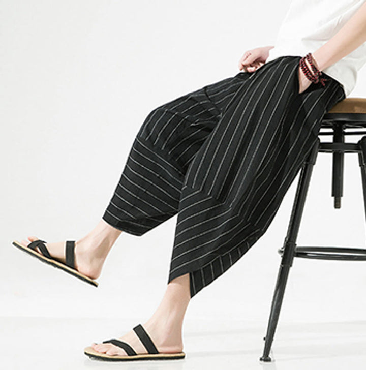 Buddha Stones Casualowe Gładkie Paski Wzór Ściągacz Męskie Spodnie Harem Bawełniane Lniane 7-8 Długość Z Kieszeniami - image 5