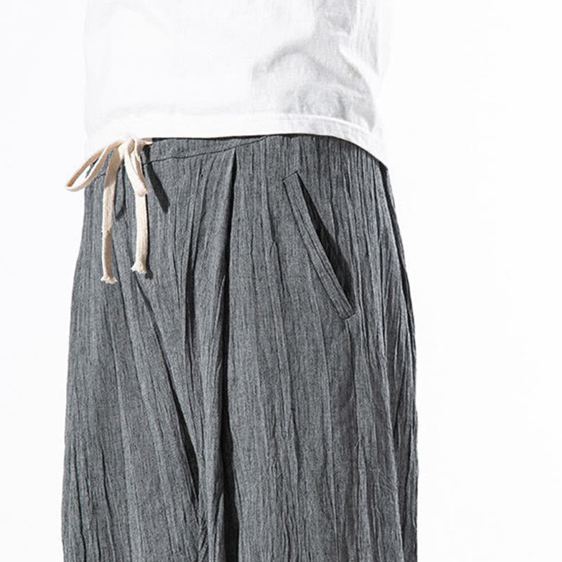 Buddha Stones Casualowe, gładkie, plisowane, ściągane sznurkiem, męskie, długie, bawełniane, lniane spodnie haremowe z kieszeniami - image 12