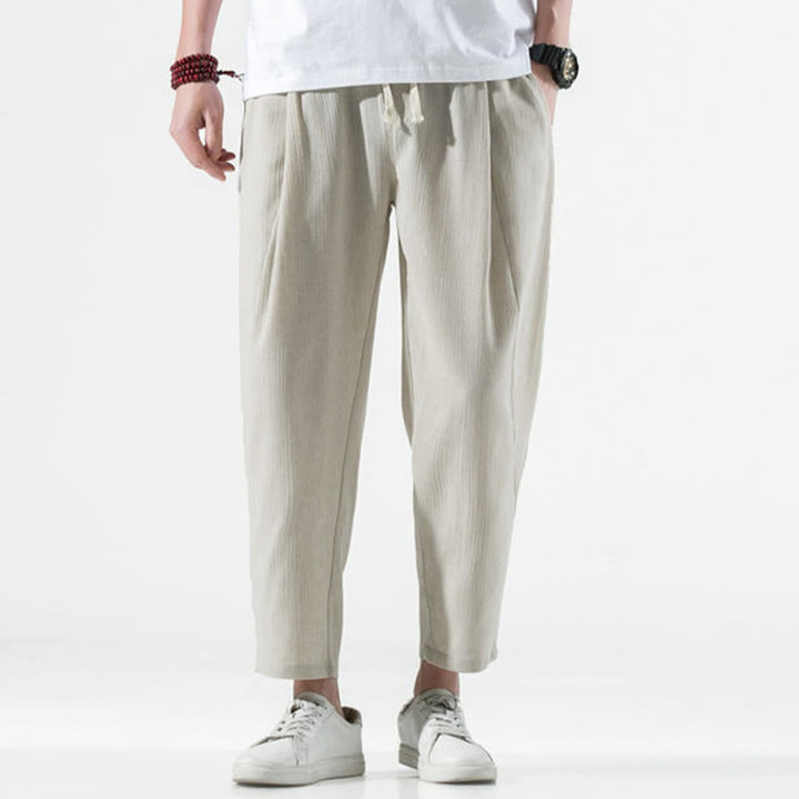 Buddha Stones Casualowe, gładkie, plisowane, ściągane sznurkiem, męskie, długie, bawełniane, lniane spodnie haremowe z kieszeniami - image 2