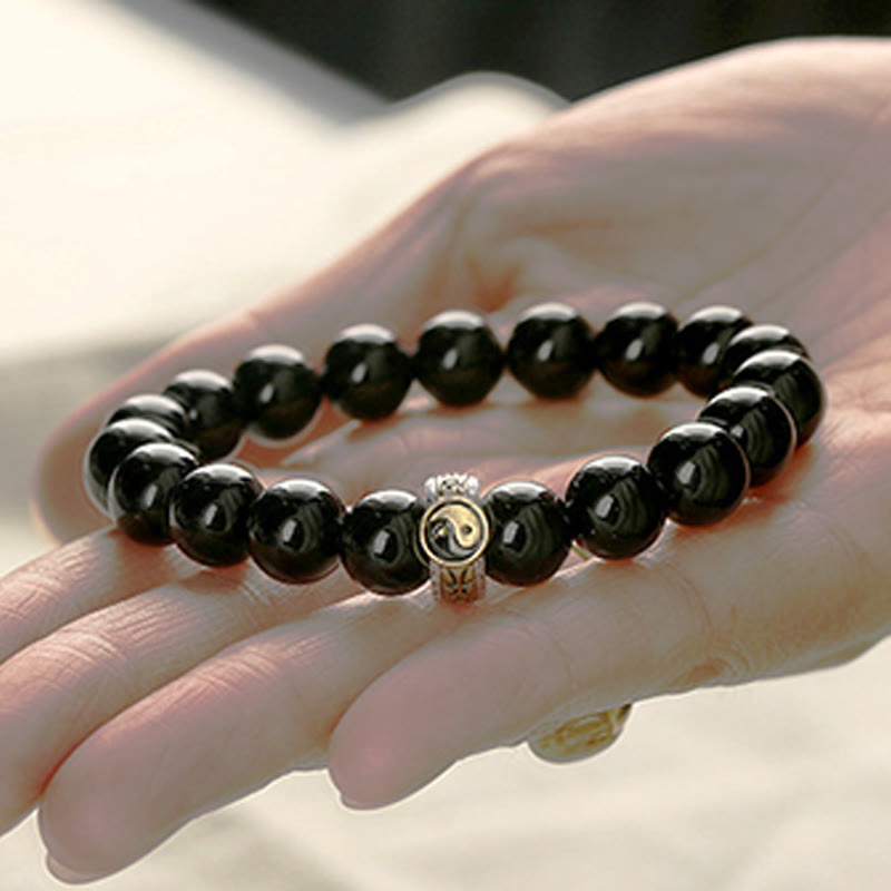 Bransoletka Buddha Stones Black Obsidian Yin Yang Nine-Character Mantra Fulfilment