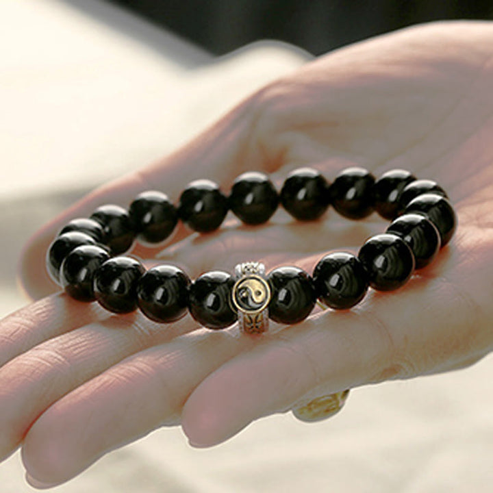 Bransoletka Buddha Stones Black Obsidian Yin Yang Nine-Character Mantra Fulfilment