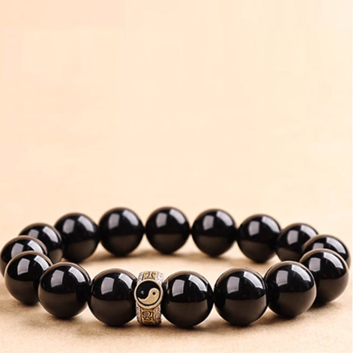 Bransoletka Buddha Stones Black Obsidian Yin Yang Nine-Character Mantra Fulfilment