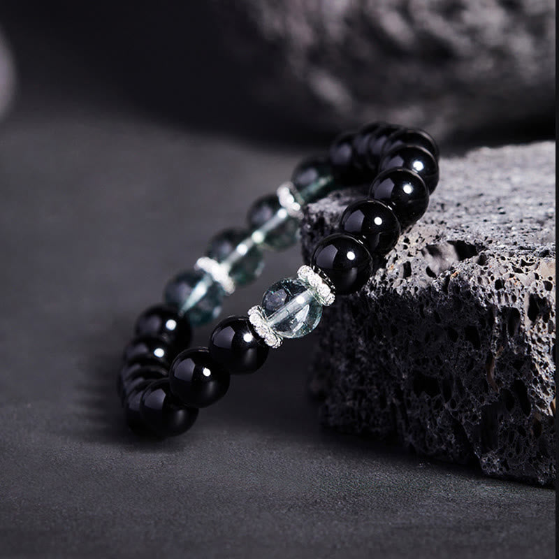 Bransoletka Buddha Stones 925 Sterling Silver Black Obsidian Green Phantom Strength