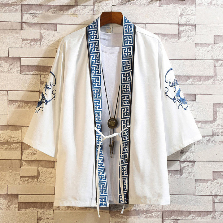 Kamienie Buddha Stones Smok Feniks Pomyślna Chmura Fale Liście Żurawie Otwarty Przód Kurtka Męska Kimono - Białe paski smoka-białe - US/UK/AU46, EU56 (5XL) - image 3