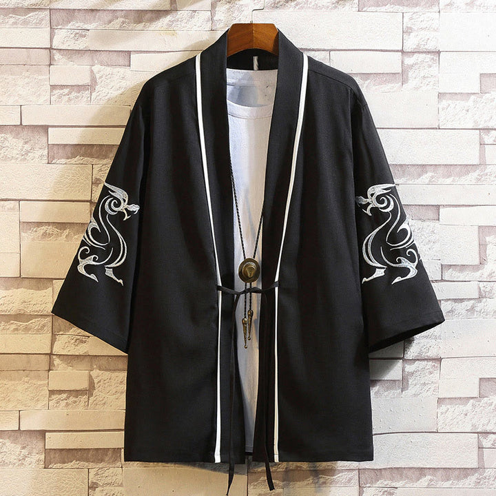 Kamienie Buddha Stones Smok Feniks Pomyślna Chmura Fale Liście Żurawie Otwarty Przód Kurtka Męska Kimono - Biały Smok-Czarny - US/UK/AU46, EU56 (5XL) - image 6