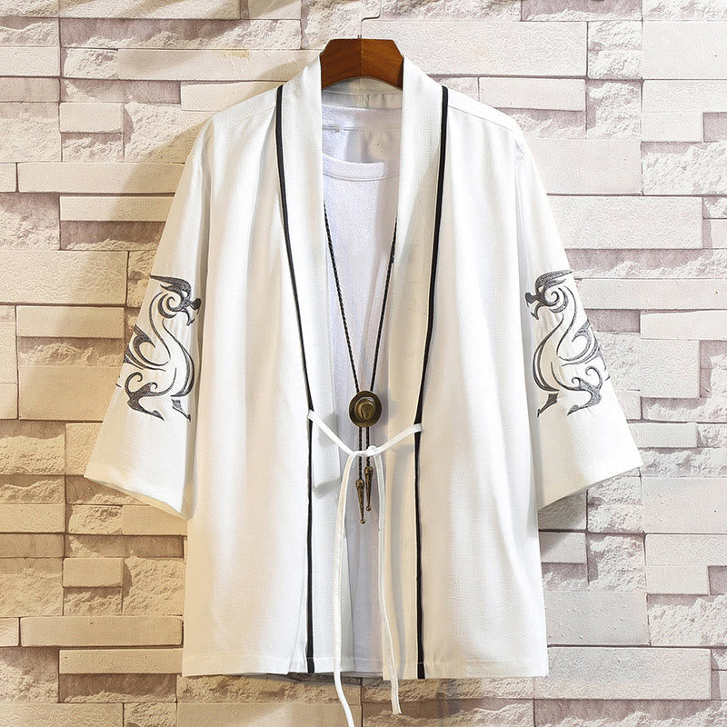 Kamienie Buddha Stones Smok Feniks Pomyślna Chmura Fale Liście Żurawie Otwarty Przód Kurtka Męska Kimono - Biały Smok-Biały - US/UK/AU46, EU56 (5XL) - image 8
