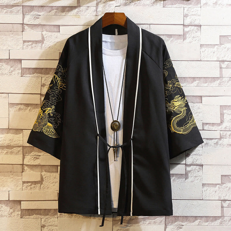 Kamienie Buddha Stones Smok Feniks Pomyślna Chmura Fale Liście Żurawie Otwarty Przód Kurtka Męska Kimono - Złoty Smok Feniks-Czarny - US/UK/AU46, EU56 (5XL) - image 18