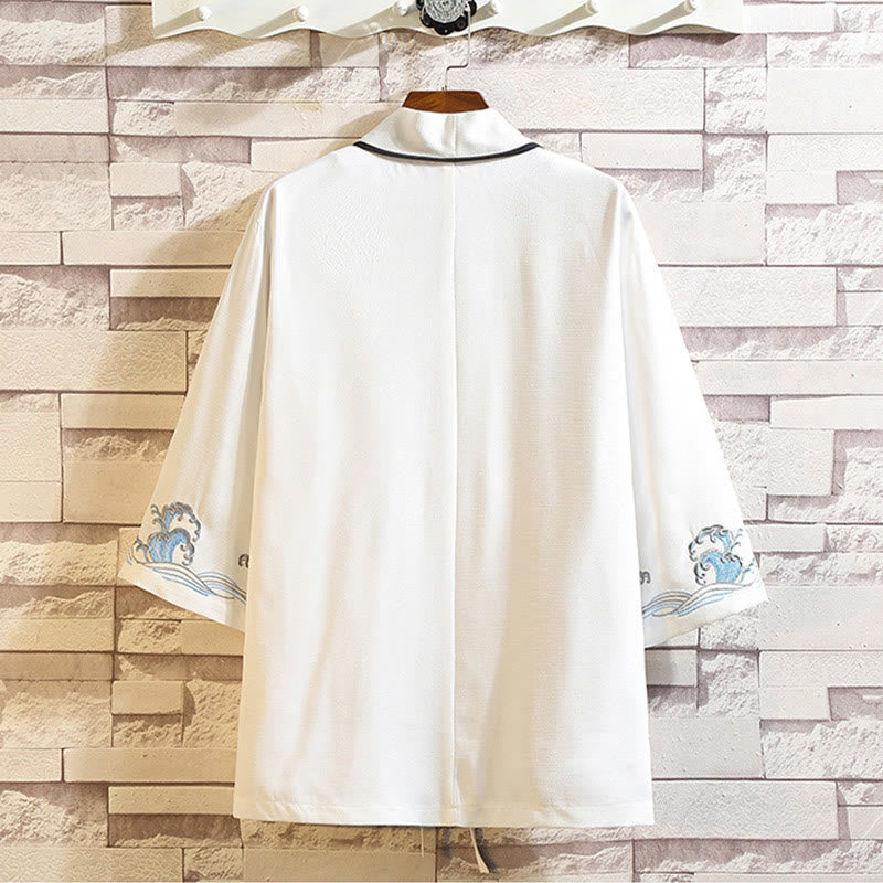 Kamienie Buddha Stones Smok Feniks Pomyślna Chmura Fale Liście Żurawie Otwarty Przód Kurtka Męska Kimono - image 40