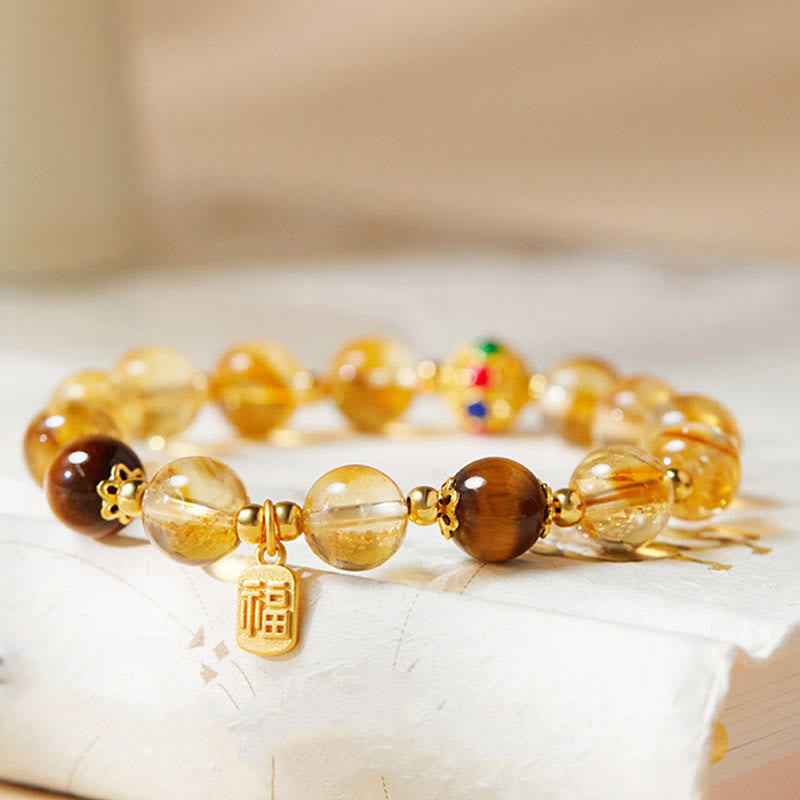 Bransoletka ochronna z Buddha Stones 925 ze srebra próby 925 Fu Character Citrine Tiger Eye