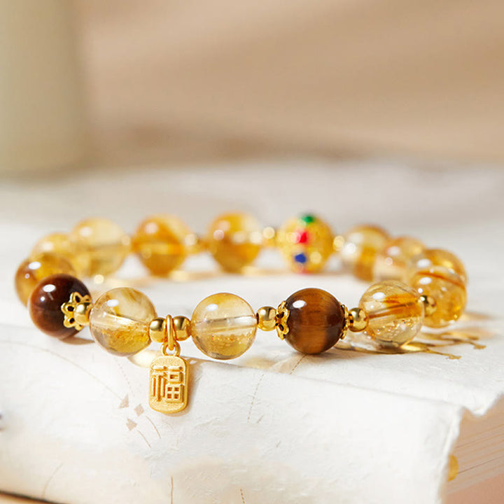 Bransoletka ochronna z Buddha Stones 925 ze srebra próby 925 Fu Character Citrine Tiger Eye