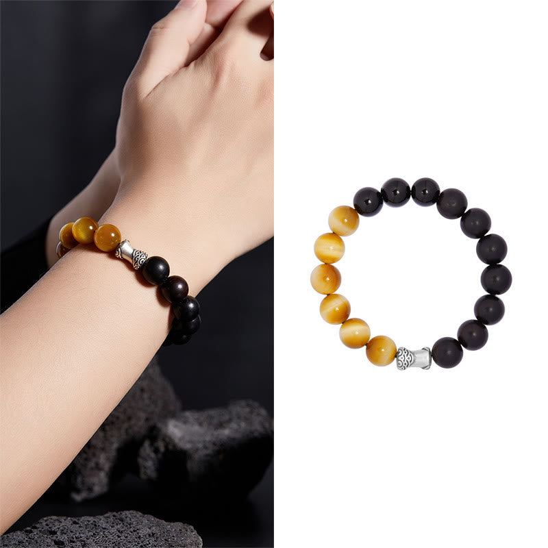 Bransoletka relaksacyjna Buddha Stones 999 Sterling Silver Ebony Tiger Eye Black Obsidian