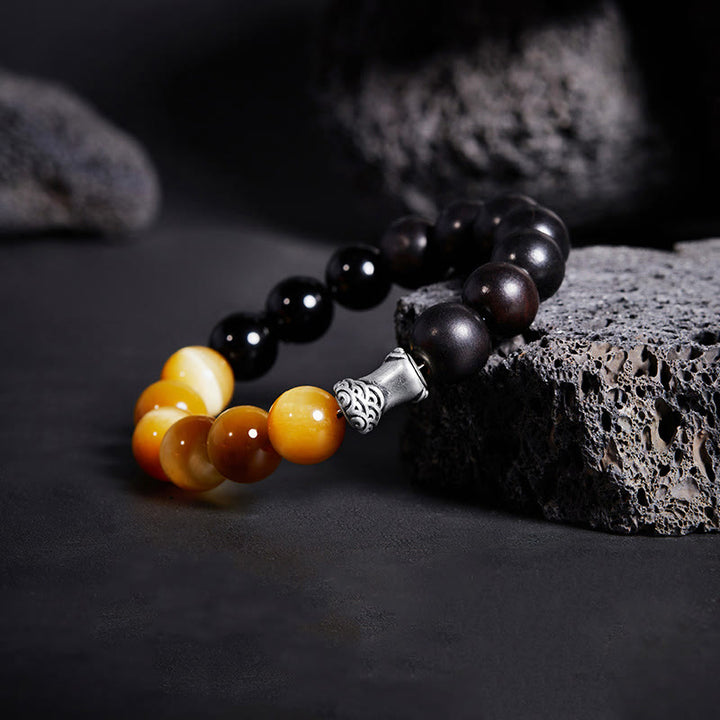 Bransoletka relaksacyjna Buddha Stones 999 Sterling Silver Ebony Tiger Eye Black Obsidian