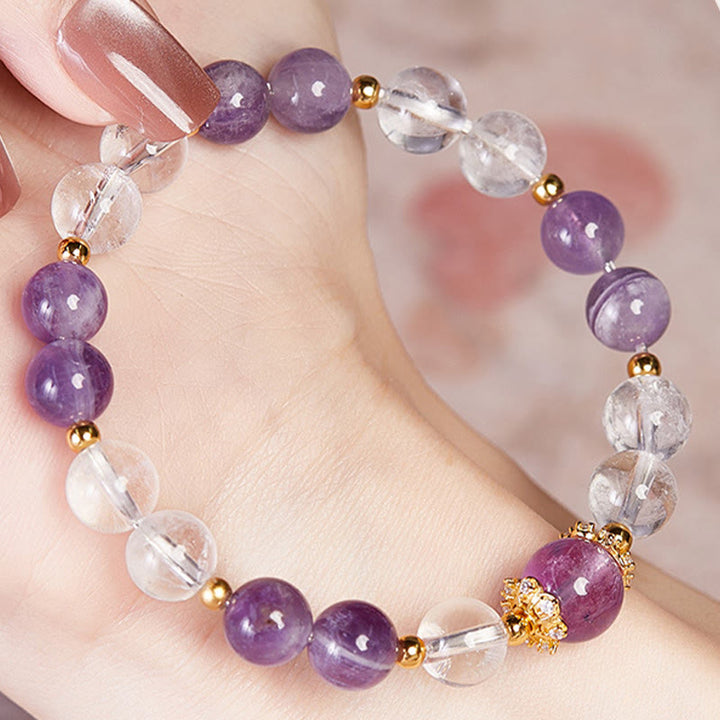 Bransoletka Buddha Stones 925 Sterling Silver Natural Amethyst White Crystal Balance