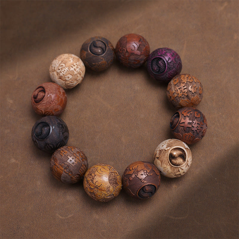 Rzeźba z Buddha Stones z drzewa sandałowego Chiński znak zodiaku Pomyślny smok Feniks Fu Charakter uzdrawiająca bransoletka