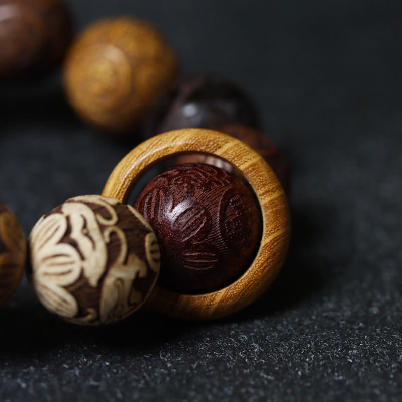 Rzeźba z Buddha Stones z drzewa sandałowego Chiński znak zodiaku Pomyślny smok Feniks Fu Charakter uzdrawiająca bransoletka