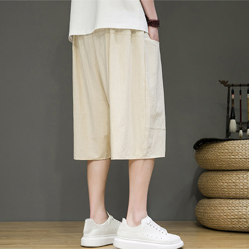 Buddha Stones Casualowe Spodnie Capri Harem Z Sznurkiem Bawełnianym I Lnianym Z Kieszeniami