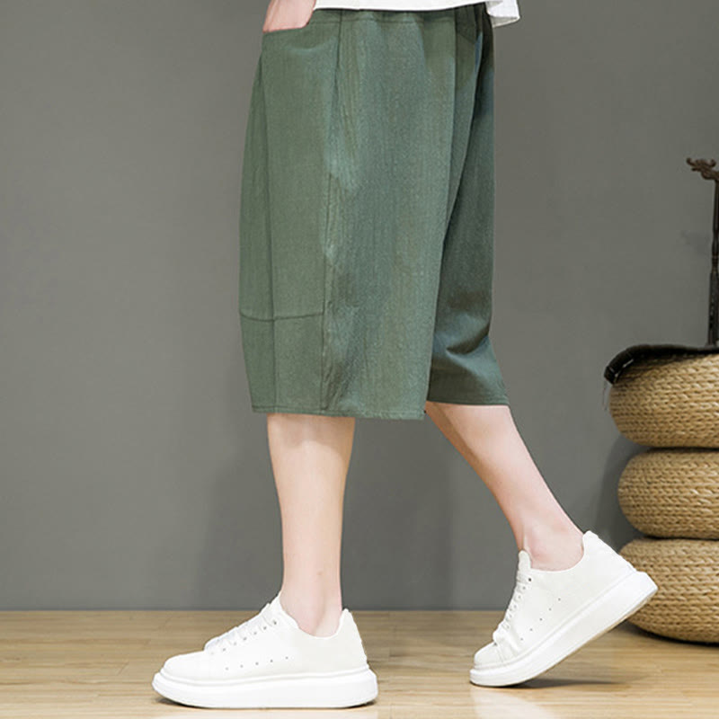 Buddha Stones Casualowe Spodnie Capri Harem Z Sznurkiem Bawełnianym I Lnianym Z Kieszeniami