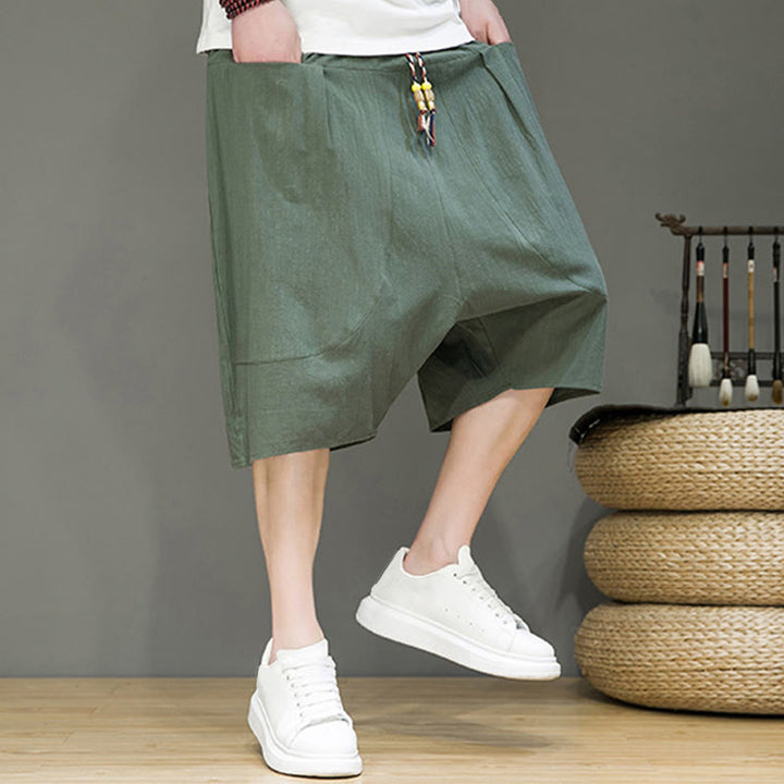 Buddha Stones Casualowe Spodnie Capri Harem Z Sznurkiem Bawełnianym I Lnianym Z Kieszeniami