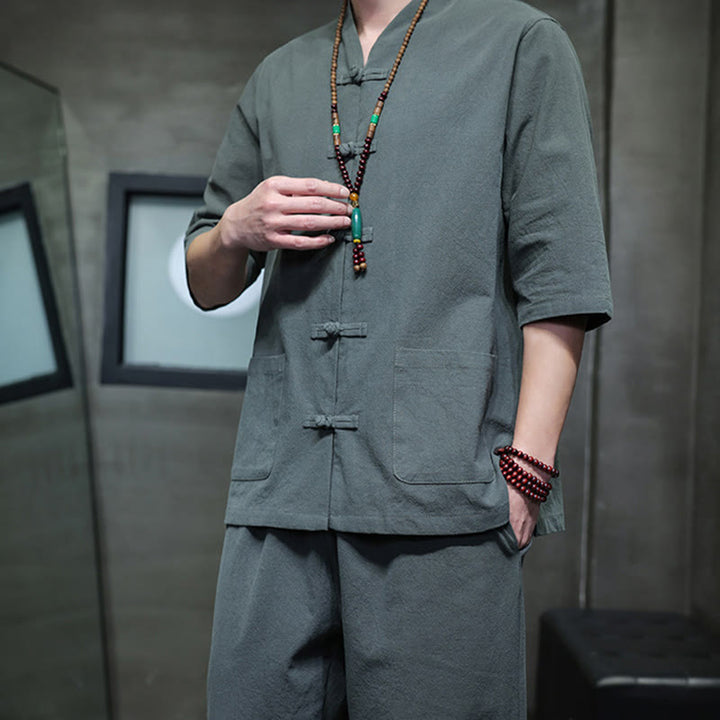 Buddha Stones 2-częściowy strój Tang z żabą i guzikami, koszula, spodnie, kieszenie, męski, bawełniany, lniany zestaw do medytacji - image 8