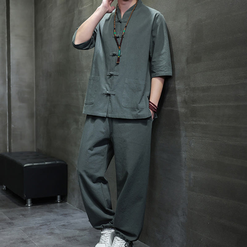 Buddha Stones 2-częściowy strój Tang z żabą i guzikami, koszula, spodnie, kieszenie, męski, bawełniany, lniany zestaw do medytacji - image 1