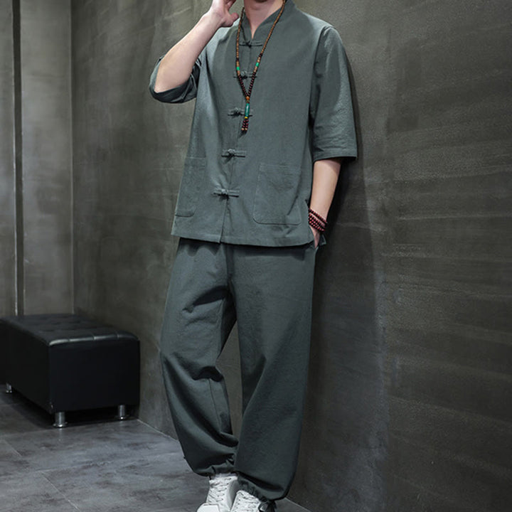 Buddha Stones 2-częściowy strój Tang z żabą i guzikami, koszula, spodnie, kieszenie, męski, bawełniany, lniany zestaw do medytacji - image 1