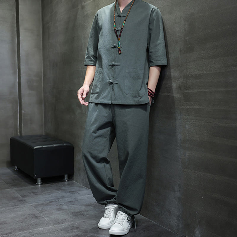 Buddha Stones 2-częściowy strój Tang z żabą i guzikami, koszula, spodnie, kieszenie, męski, bawełniany, lniany zestaw do medytacji - image 6