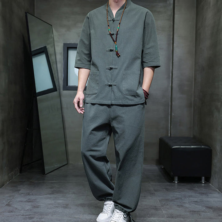 Buddha Stones 2-częściowy strój Tang z żabą i guzikami, koszula, spodnie, kieszenie, męski, bawełniany, lniany zestaw do medytacji - image 4