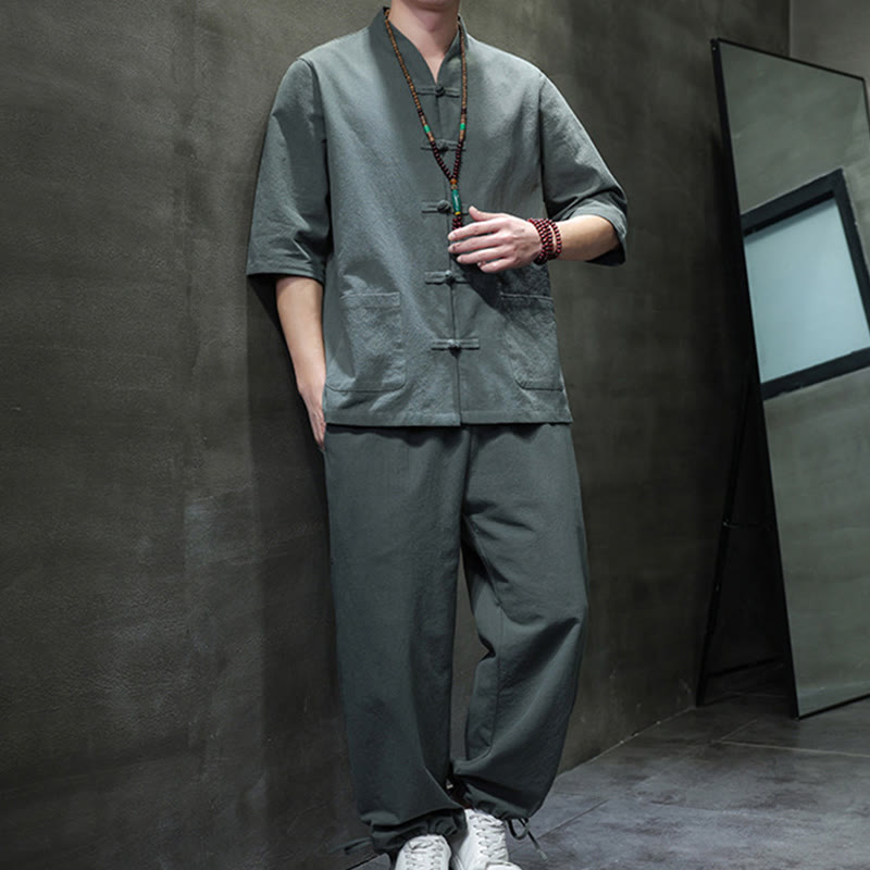 Buddha Stones 2-częściowy strój Tang z żabą i guzikami, koszula, spodnie, kieszenie, męski, bawełniany, lniany zestaw do medytacji - image 3