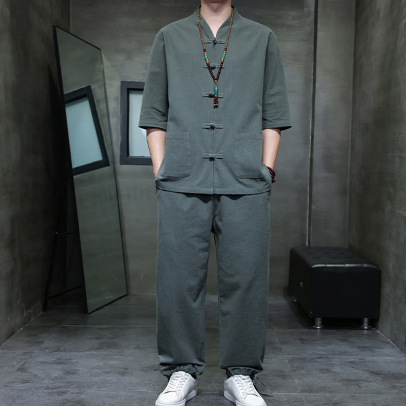 Buddha Stones 2-częściowy strój Tang z żabą i guzikami, koszula, spodnie, kieszenie, męski, bawełniany, lniany zestaw do medytacji - image 5