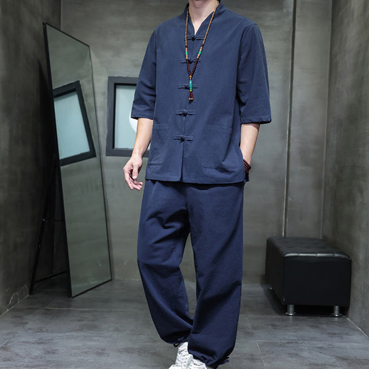 Buddha Stones 2-częściowy strój Tang z żabą i guzikami, koszula, spodnie, kieszenie, męski, bawełniany, lniany zestaw do medytacji - Stalowoniebieski - US/UK/AU46, EU56 (5XL) - image 13