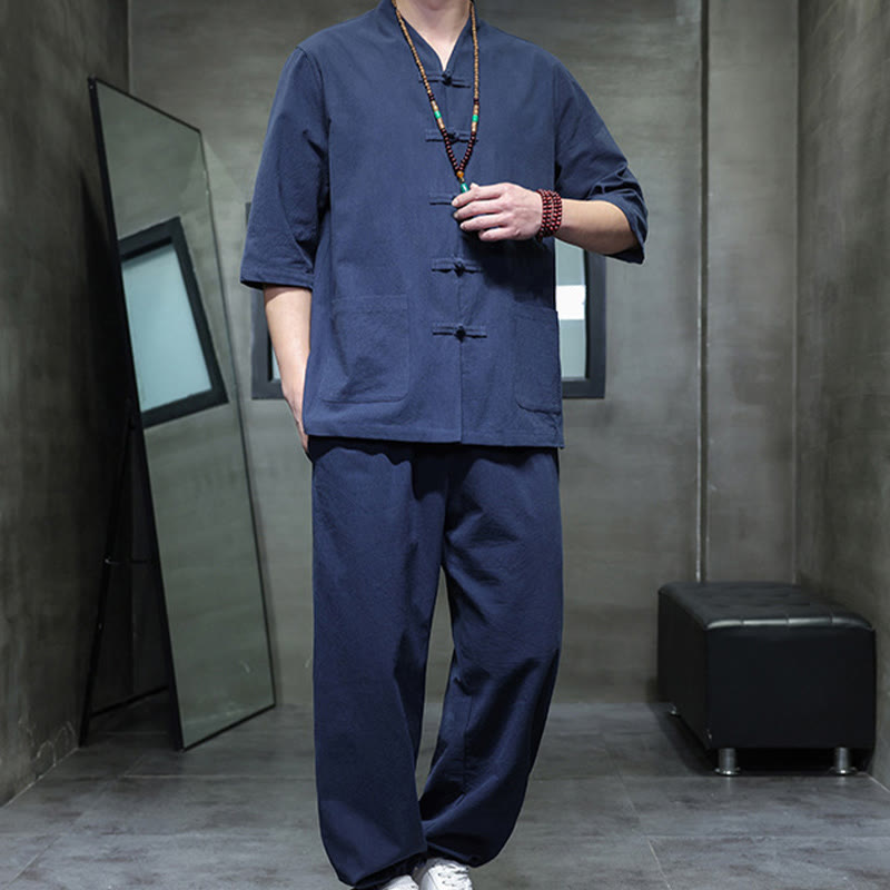 Buddha Stones 2-częściowy strój Tang z żabą i guzikami, koszula, spodnie, kieszenie, męski, bawełniany, lniany zestaw do medytacji - image 15