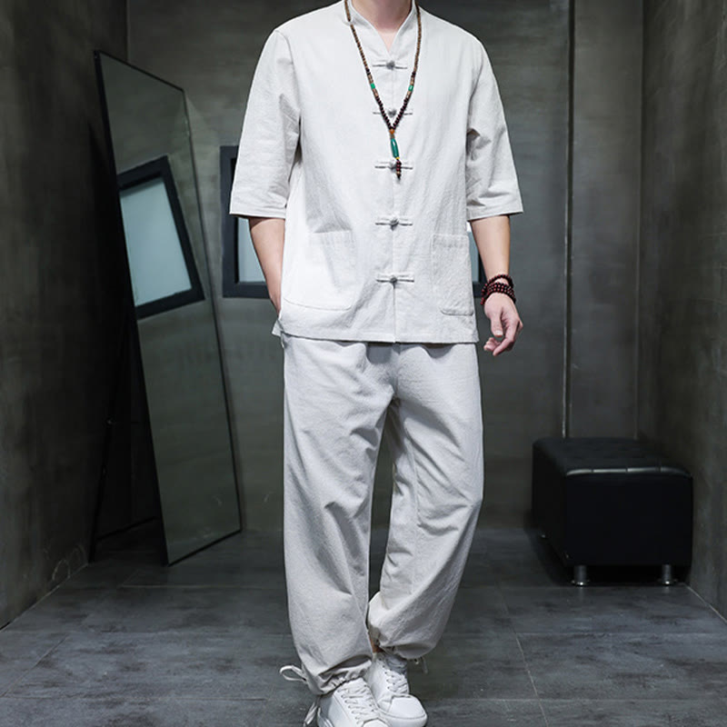 Buddha Stones 2-częściowy strój Tang z żabą i guzikami, koszula, spodnie, kieszenie, męski, bawełniany, lniany zestaw do medytacji - image 24