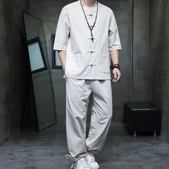 Buddha Stones 2-częściowy strój Tang z żabą i guzikami, koszula, spodnie, kieszenie, męski, bawełniany, lniany zestaw do medytacji - image 24