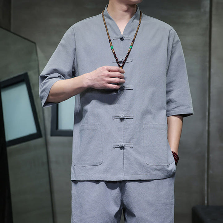 Buddha Stones 2-częściowy strój Tang z żabą i guzikami, koszula, spodnie, kieszenie, męski, bawełniany, lniany zestaw do medytacji - image 35