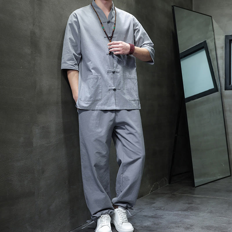 Buddha Stones 2-częściowy strój Tang z żabą i guzikami, koszula, spodnie, kieszenie, męski, bawełniany, lniany zestaw do medytacji - image 33