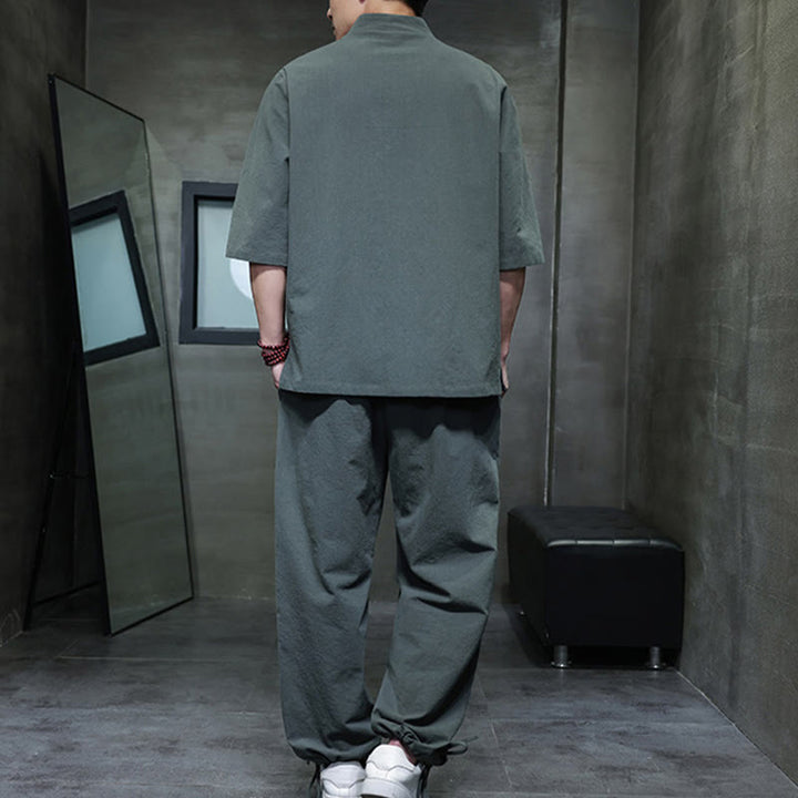 Buddha Stones 2-częściowy strój Tang z żabą i guzikami, koszula, spodnie, kieszenie, męski, bawełniany, lniany zestaw do medytacji - image 2