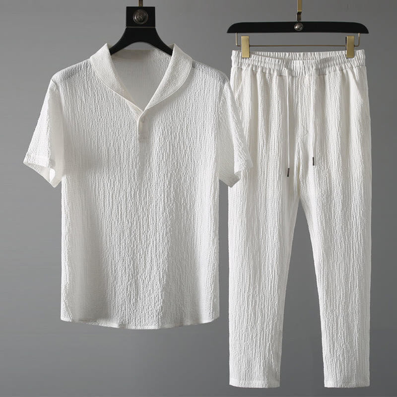 Buddha Stones 2 szt. Jednolity kolor, marszczenie, dekolt w serek, krótki rękaw, koszulka, spodnie, odzież męska - Biały - US/UK/AU46, EU56 (5XL) - image 7