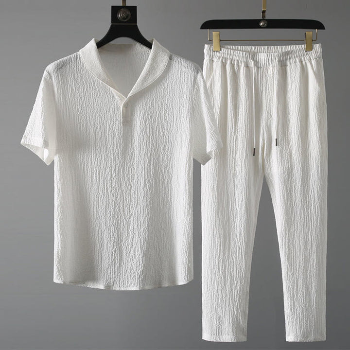 Buddha Stones 2 szt. Jednolity kolor, marszczenie, dekolt w serek, krótki rękaw, koszulka, spodnie, odzież męska - Biały - US/UK/AU46, EU56 (5XL) - image 7