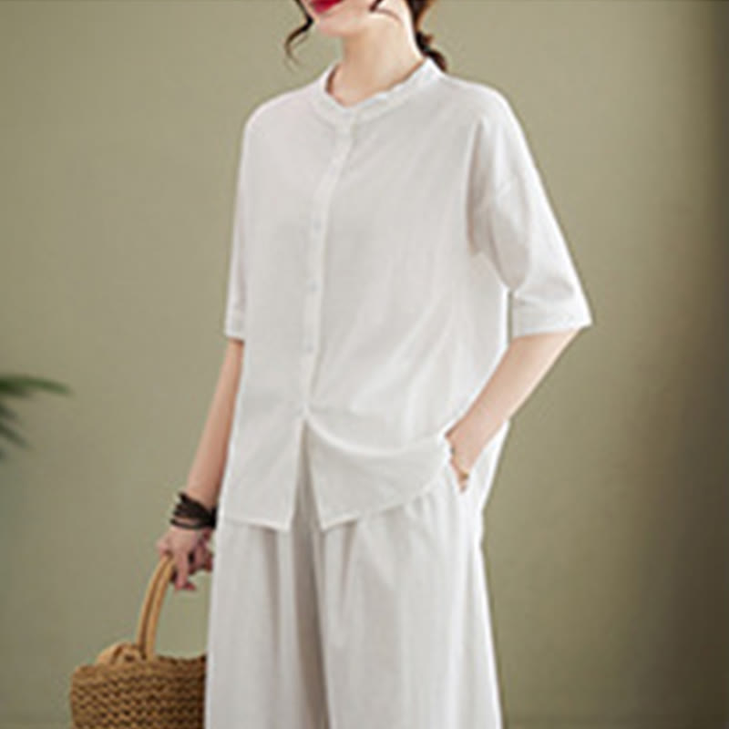 Buddha Stones 2 szt. Casual Jednokolorowe guziki Projekt Koszula z krótkim rękawem Spodnie z szerokimi nogawkami i kieszeniami Bawełniana odzież Zen Zestaw damski - image 4