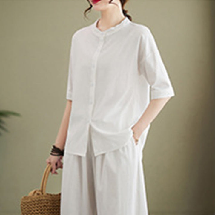 Buddha Stones 2 szt. Casual Jednokolorowe guziki Projekt Koszula z krótkim rękawem Spodnie z szerokimi nogawkami i kieszeniami Bawełniana odzież Zen Zestaw damski - image 4